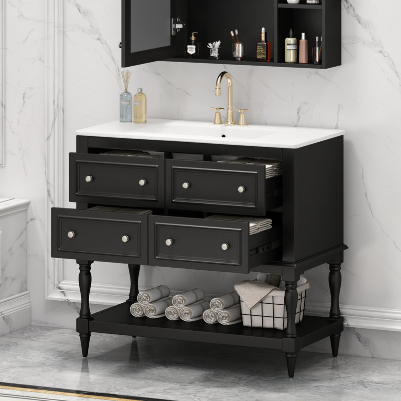 Meuble-lavabo de salle de bain avec lavabo noir en bois massif de 36 po et 4 tiroirs. Lavabo en céramique. Armoire fonctionnelle. Instructions de montage simples, rangement spacieux. Conception moderne. Facile