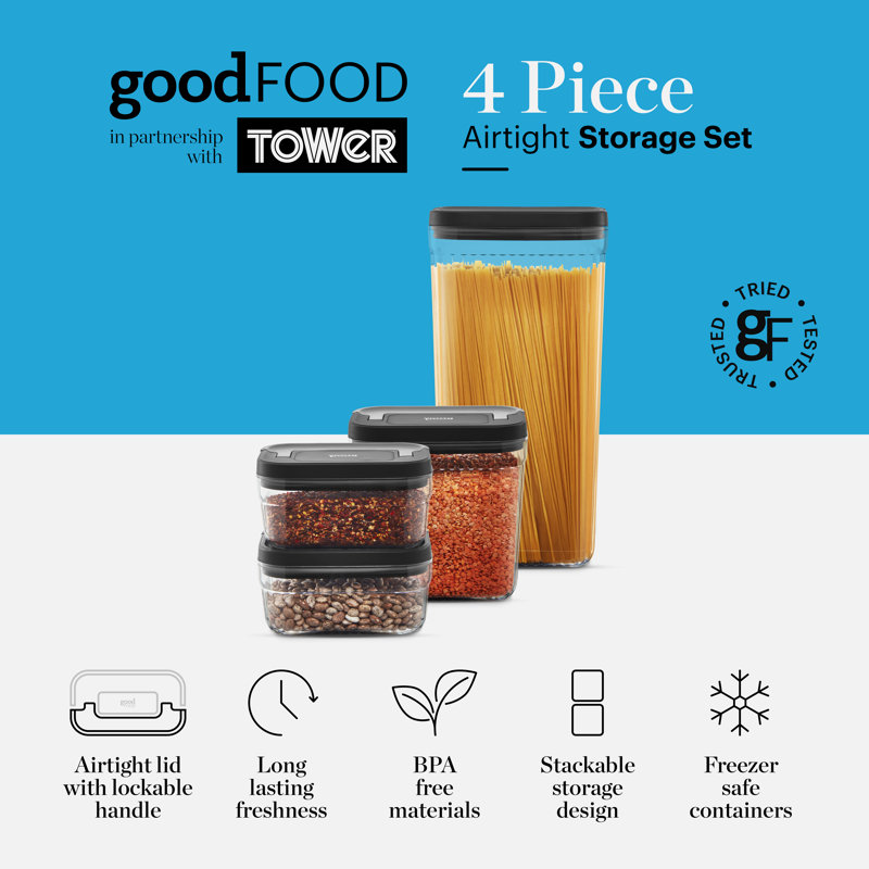 GF847080 Good Food in Partnership with TOWER 4 Piece Food Storage Set, Airtight Lids, Stackable Design, 1x Large, 1x Medium, 2 x Small, Transparent