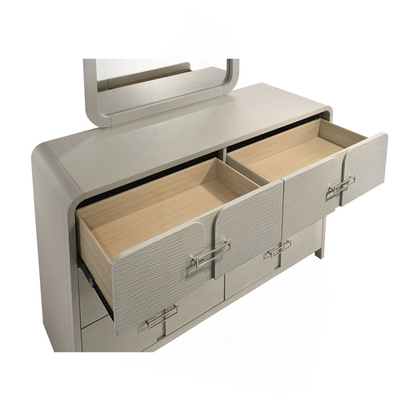 Commode moderne à 6 tiroirs avec façade texturée, poignées en métal et système de roulement à billes (inclut seulement la commode)
