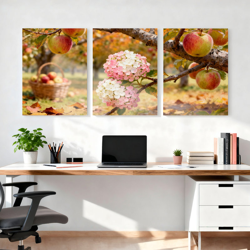 Tableau sur toile tendue représentant un verger de pommiers et d'hortensias en automne (ensemble de 3), H 36 po x l 72 po