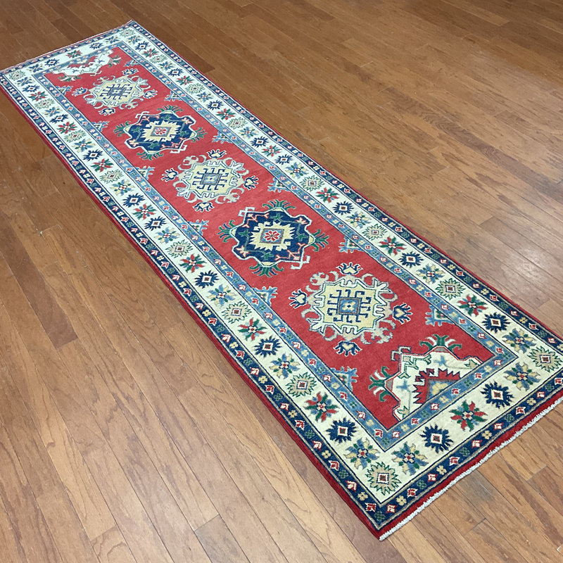 Tapis de couloir rouge / ivoire en laine noué à la main de conception unique 2 pi 9 po x 10 pi Jevon