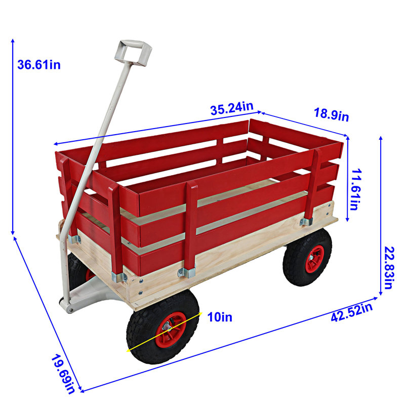 Outdoor Wooden Wagon Cart With Folding Handle, Red/White