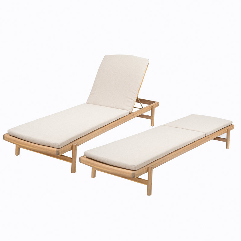 Chaise longue avec coussin en bois d'acacia, ensemble de 2