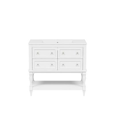 Meuble-lavabo blanc 36 po - autoportant (lavabo encastré, 4 tiroirs, bois massif)