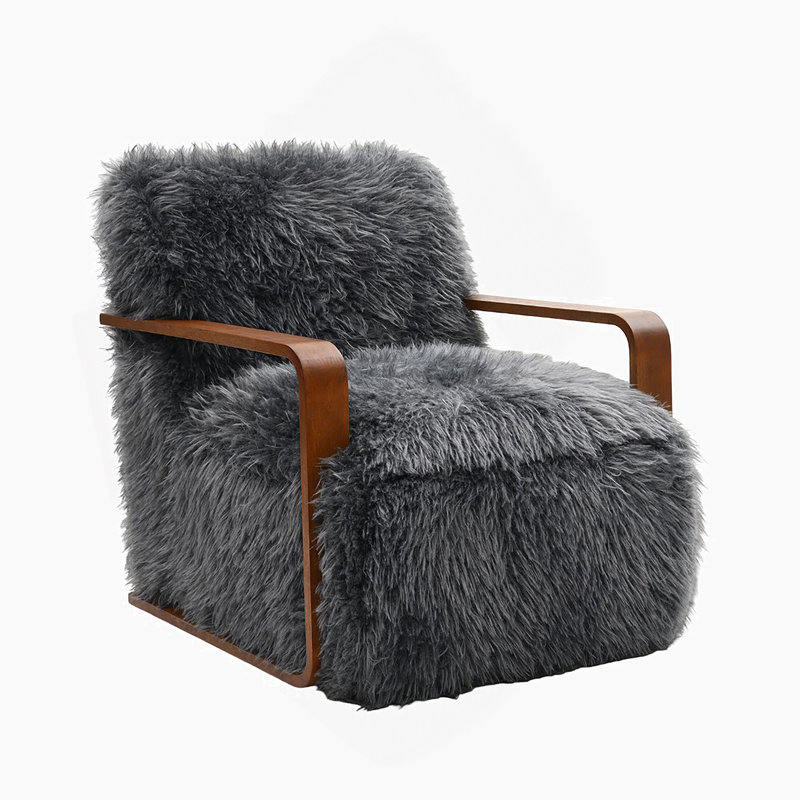 Charcoal Gray Finish 1Pc Accent Chair Long Soft Faux Fur Retro Inspired Curve Wooden Arms Tight Seat And Back Primary Living Room