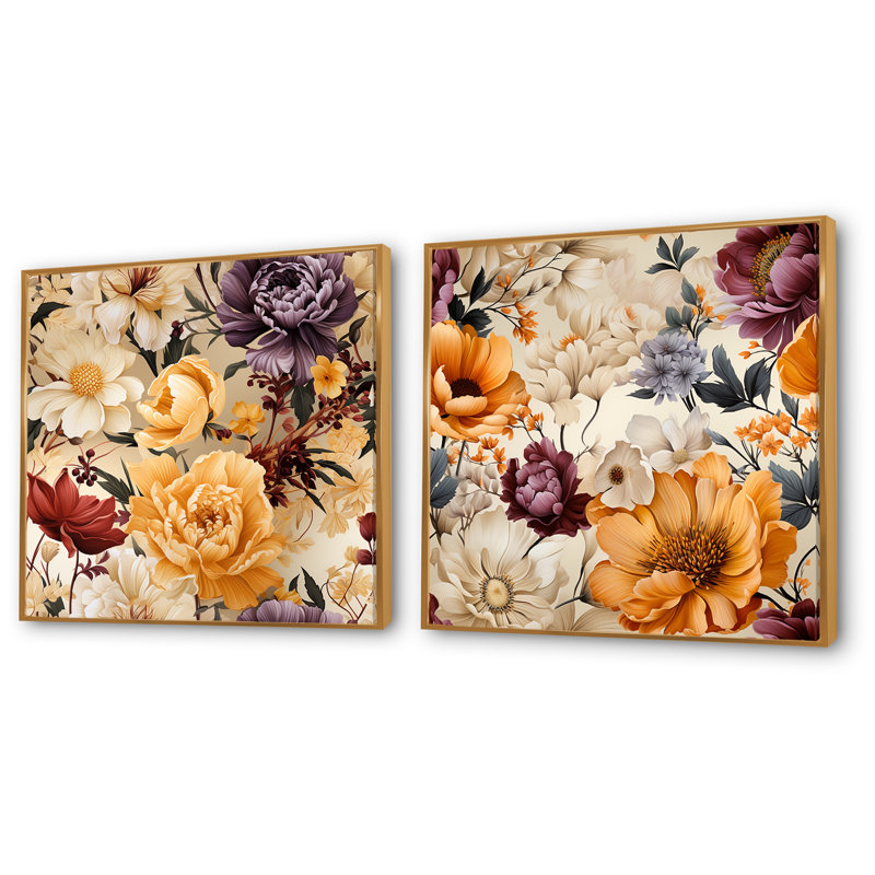 Janes - ensemble de 2 reproductions d'art sur toile florales, Encadrement doré, H 36 po x l 73 po x P 1,5 po