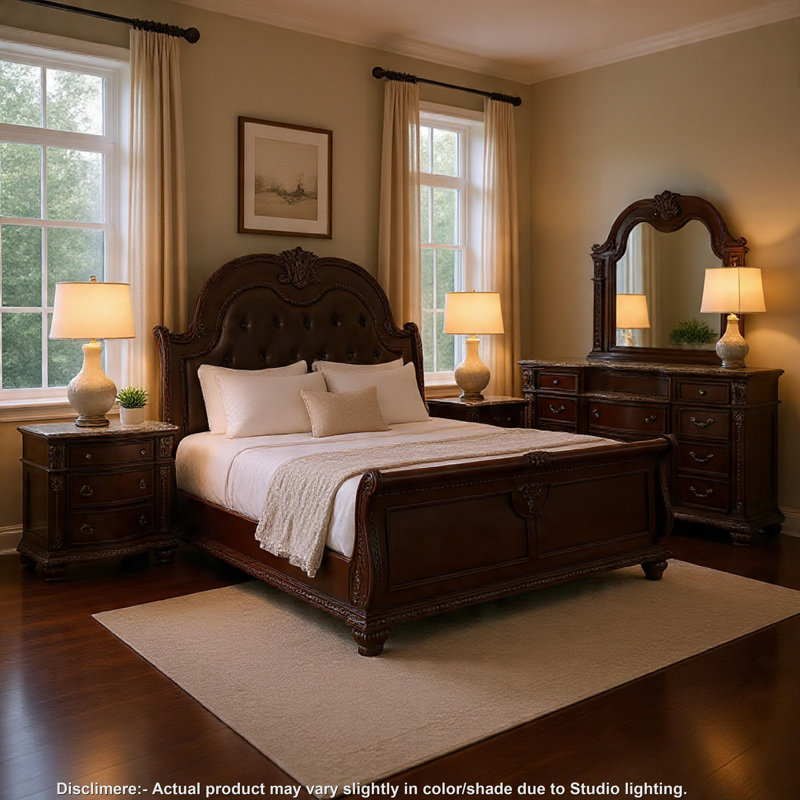 Caitlin Four Pc Queen Bedroom Set, Tufted Faux Leather Headboard, Marble Tops, Brown