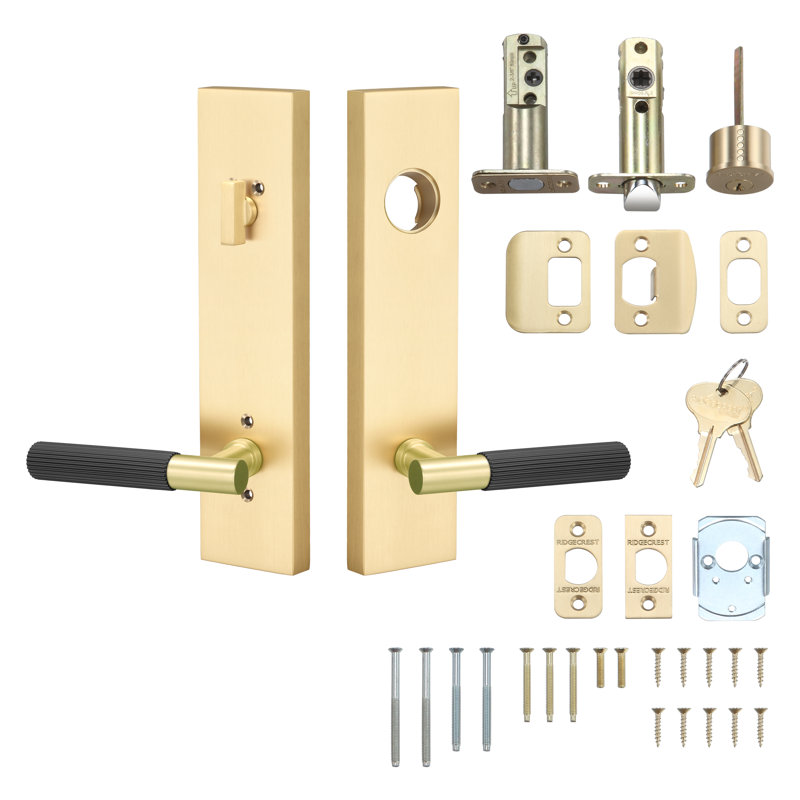 Plaque latérale carrée Aspra en laiton satiné, poignée moletée droite en noir mat, Laiton satiné, Noir droit et plat