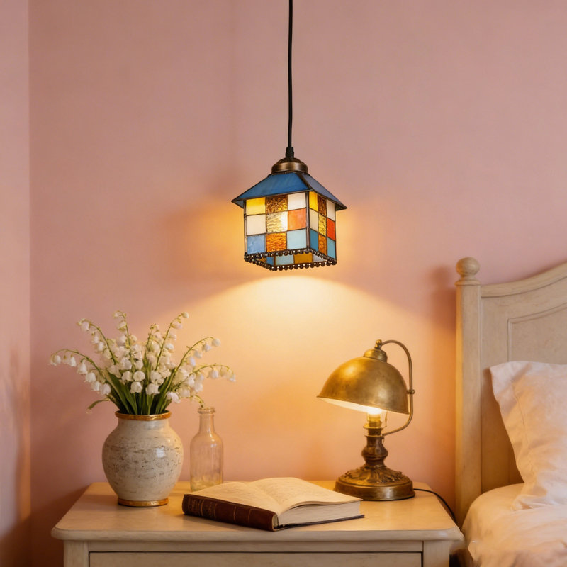 Single Light Dimmable Colorful Stained Glass Cottage Pendant Lamp，rubik's Cube-designed Pendant Lamp