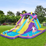 Joyldias 450w Air Blower High Inflatable Bounce House, Double Slide Bouncer Castle Playhouse With 2 Splash Pool