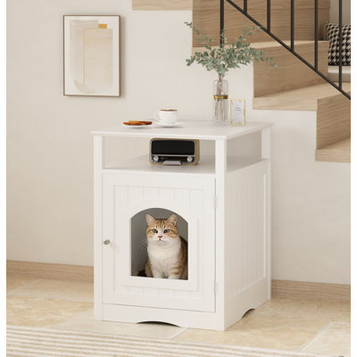 Meuble de litière pour chat, maison de chat en bois avec armoire fermée, litière cachée avec tablette de rangement, table d'appoint moderne pour salon ou chambre à coucher - blanc