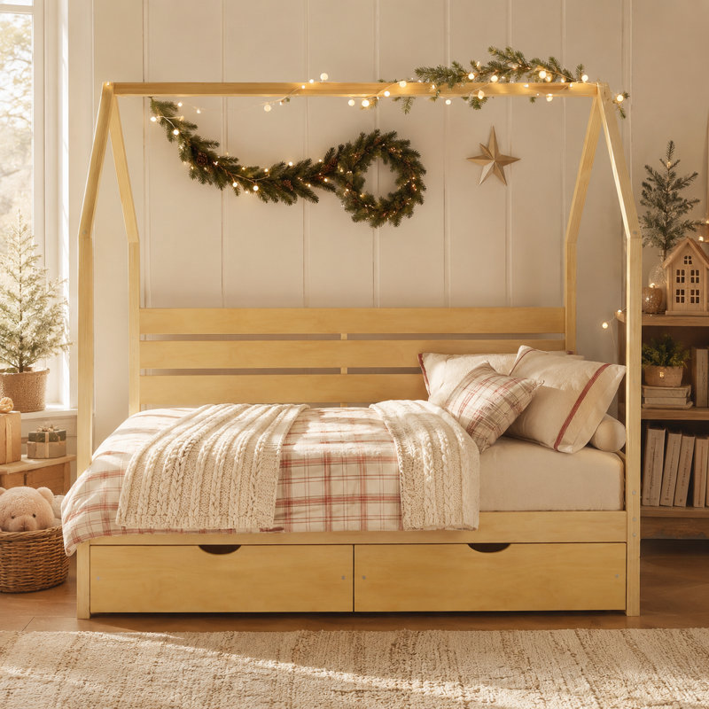 Lit cabane Montessori pleine grandeur avec 2 tiroirs de rangement, lit plateforme en bois en forme de maison avec tête de lit et foyer décoratif, sommier non requis