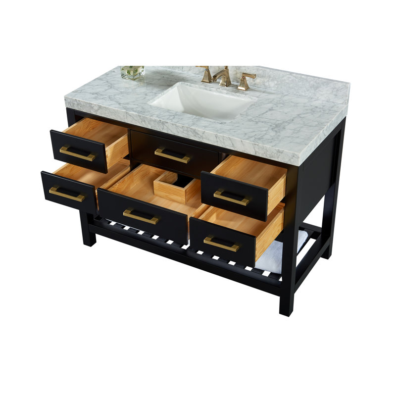 Ensemble de meuble-lavabo simple 48 po Carrie, Noir onyx / or brossé, Marbre blanc de Carrare