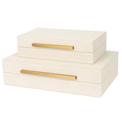 Boîtes de rangement décoratives beige chagrin - ensemble de 2 boîtes à bijoux et à souvenirs en similicuir avec poignées en métal doré, organisateurs de photos emboîtables