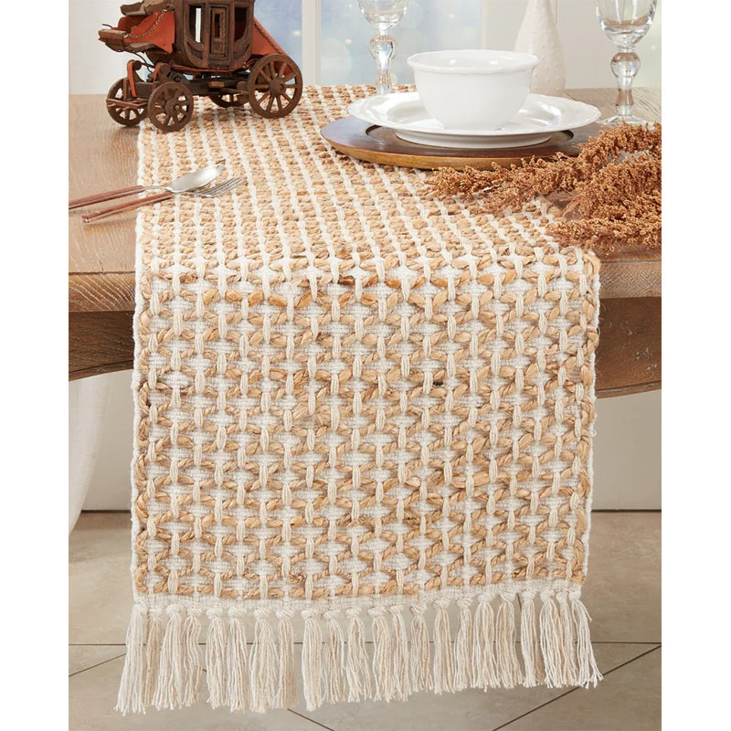 Alies Rectangle Woven Rope Cotton Table Runner, Ivory