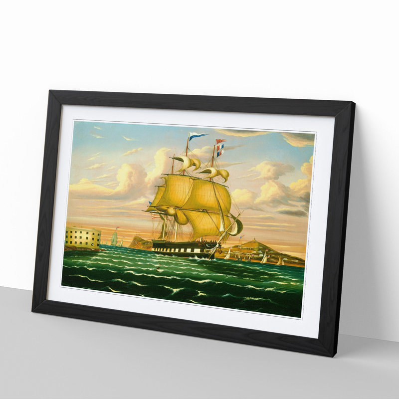 Ship Passing Castle Williams by Thomas Chambers - Picture Frame Painting, 48cm H x 65cm W x 2cm D, Black Framed