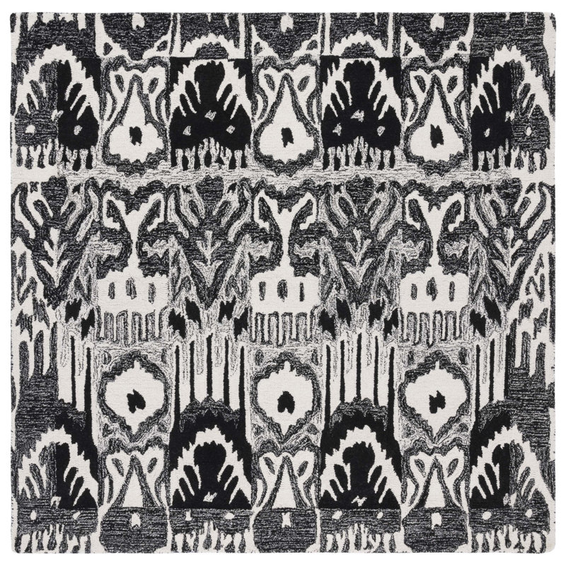 Ikat Hand Tufted Wool/Cotton Ikat Rug in Black/Ivory, Square 6'