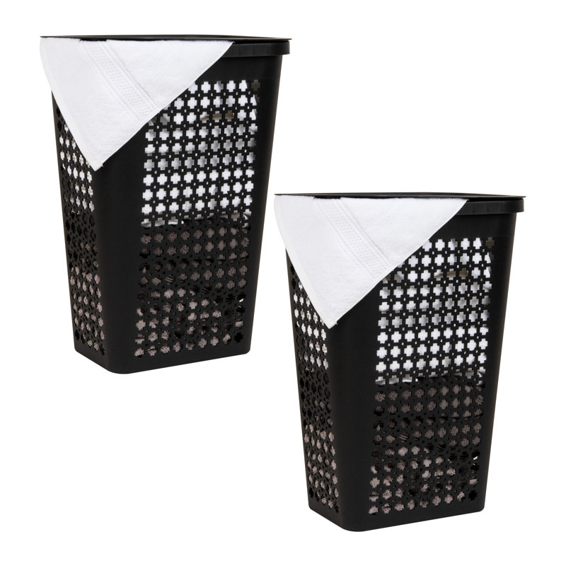  Slim Tapered Laundry Hampers with Lid, Clothes Basket with Swiss Cross Cut-Outs, Lightweight & Ventilated, Plastic, Set of 2 , Black