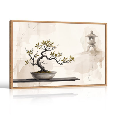 Bonsai Tree with Stone Lantern Beige Watercolor Canvas Wall Art