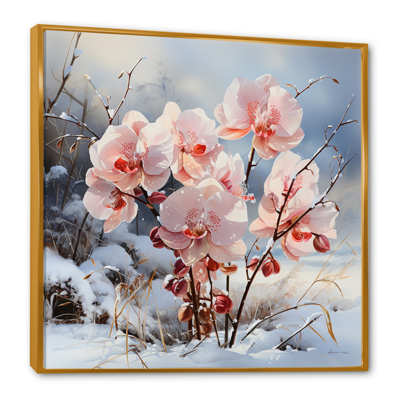 Charme d'orchidées roses en hiver, H 30 po x l 30 po x P 1 po, Cadre flottant doré