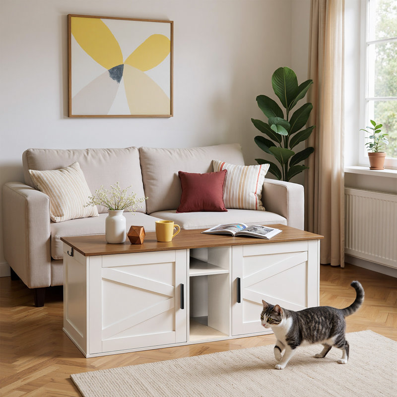 Litter Box Enclosure For 2 Cats, White/Walnut