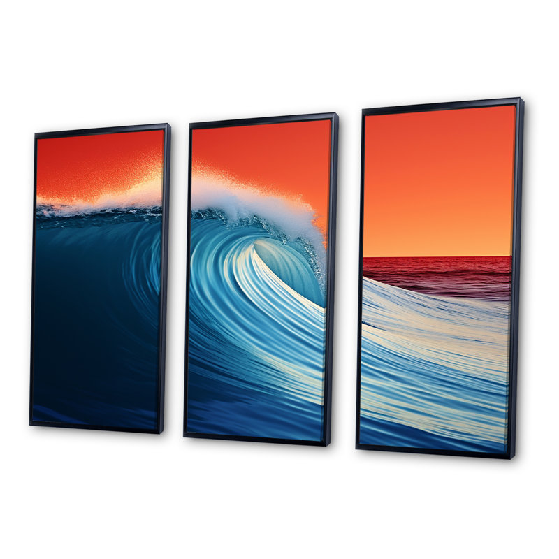 Minimalisme bleu et orange vague lever de soleil - ensemble de décoration murale bord de mer, Cadre flottant noir