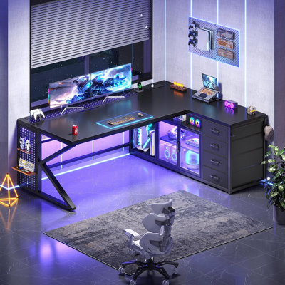 L Shaped Gaming Desk, Corner Executive Computer Desk with 4 Drawers and Storage, LED Lights and Acrylic Cabinet for Home Office, Black