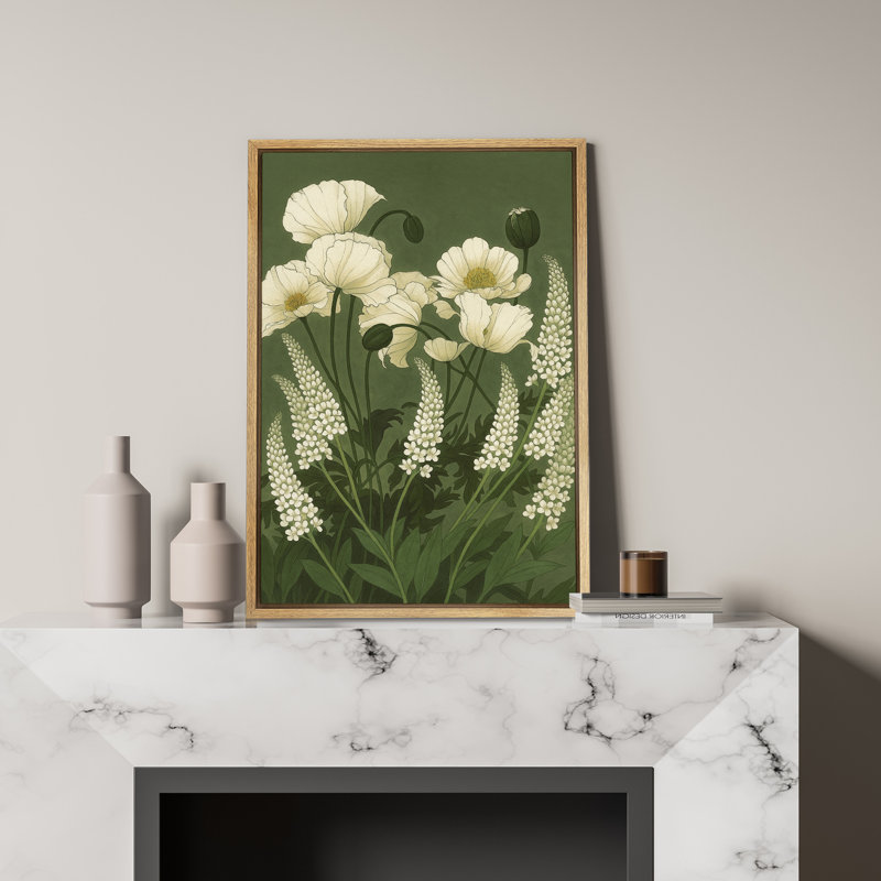 White Poppies and Spikes Canvas Print Wall Art - Elegant Botanical Decor for Living Room or Entryway, Natural, 36" H x 24" W
