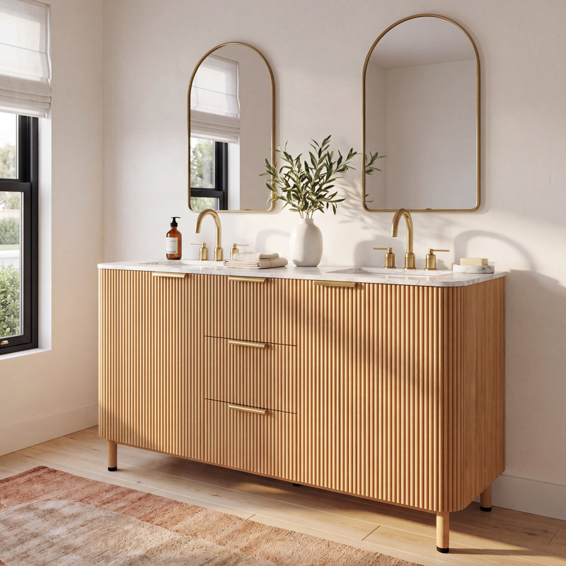 Nova 60" Marble Top Double Sink Vanity, Reeded Birch