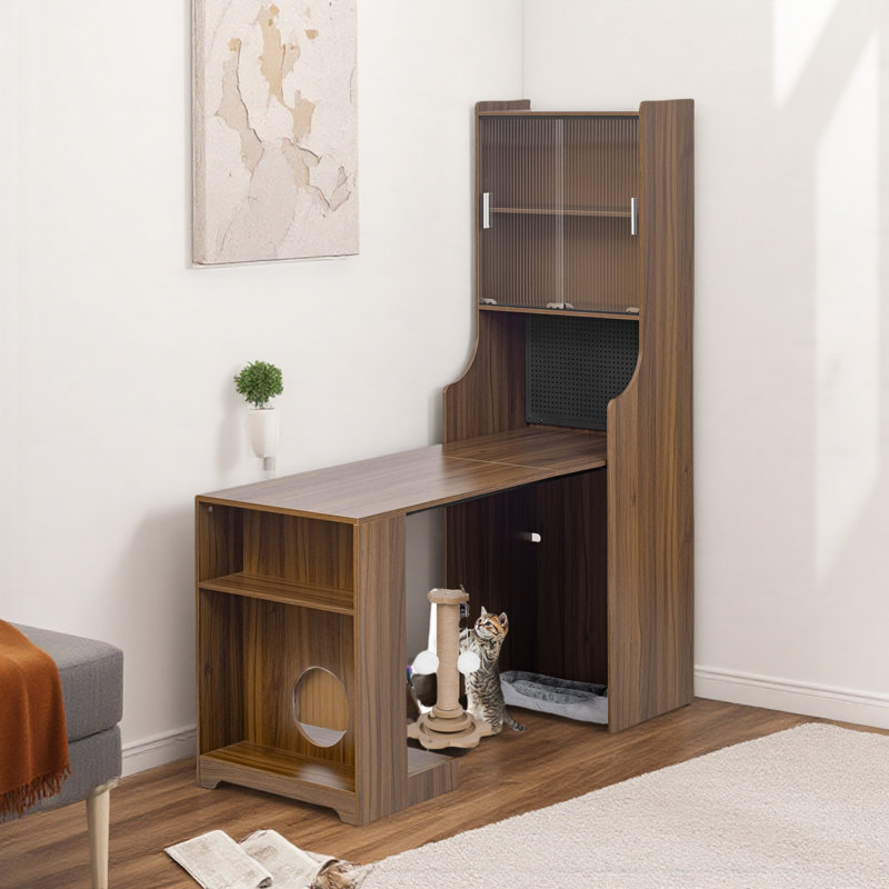 Mid-century Multi-use Extenable Cabinet Desk With Storage Peg Board, Storage Cabinet With Sliding Glass Doors, Led Light, Free Cat Cushion And Cat Toy