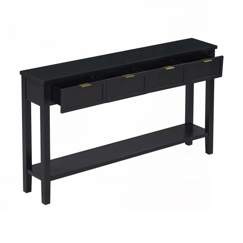 Console Table with 4 Spacious Drawersm,1 Practical Bottom ShelfLong Legs, Black