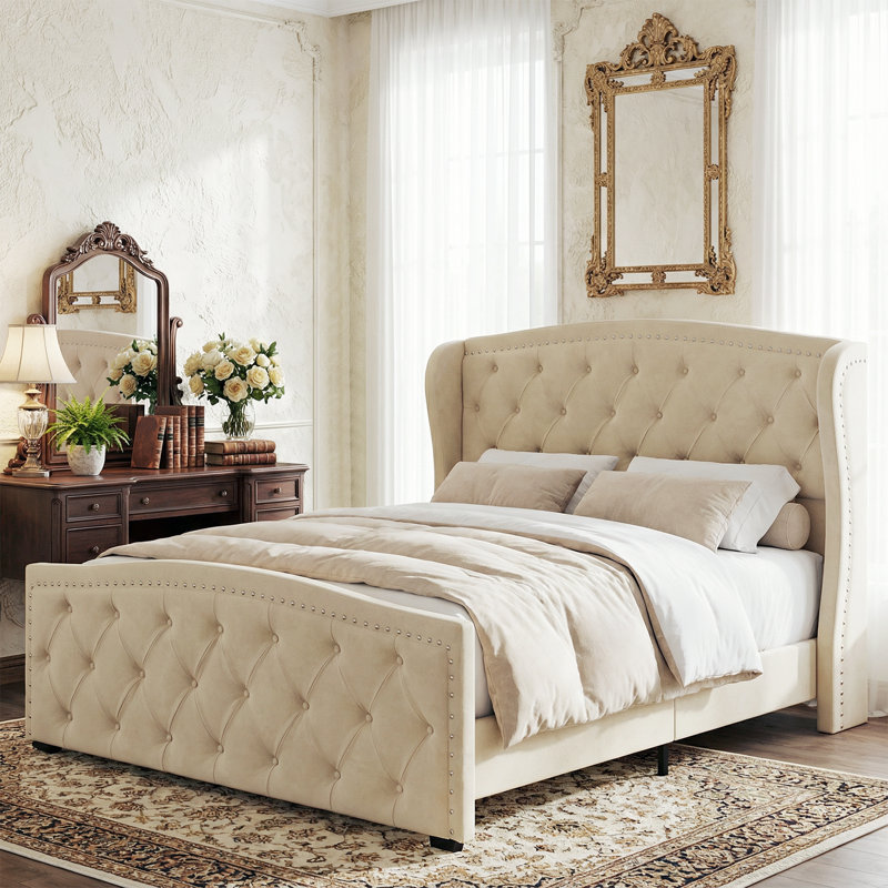 Mid-Century Modern King Bed Frame, 92.1"L Velvet Upholstered Platform Bed with Tufted Wingback Headboard, Beige