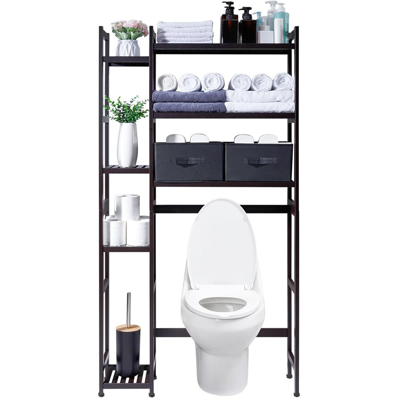 Brown Bamboo Adjustable Over-the-Toilet Storage Rack with Basket and Drawer