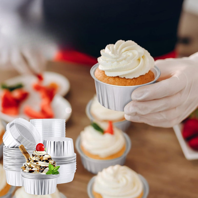 50 Pcs Baking Cups With Lids And Fork Disposable Aluminum, Silver