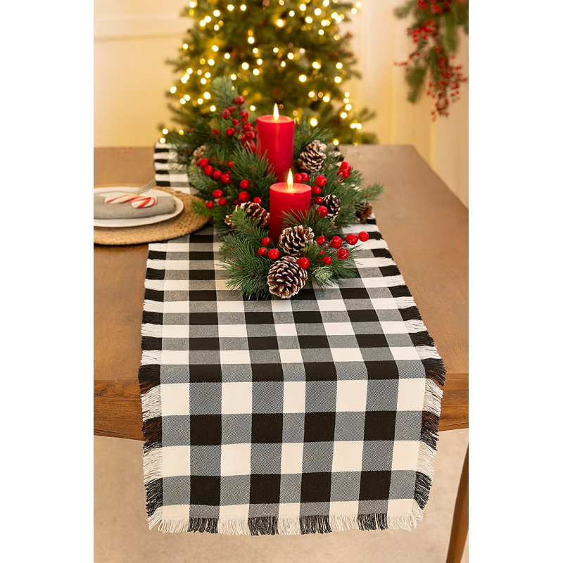 Chemin de table noir classique à franges 100% coton 16 x 72 pouces Buffalo, Noir / blanc