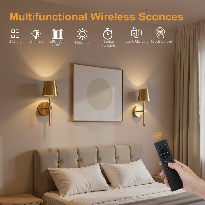 Dimmable Armed Wall Sconces Wireless Empire Metal Shade Gold Fixture for Mirror Painting, Gold