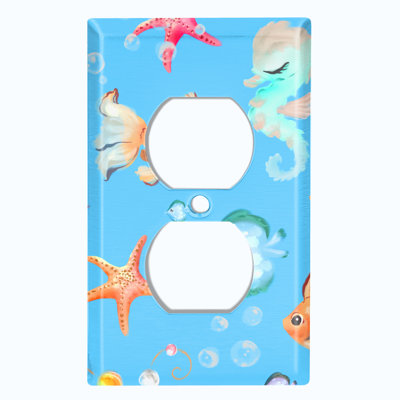 Metal Light Switch Plate Outlet Cover (Mermaid Ocean Star Fish Bubbles Blue - Single Toggle)