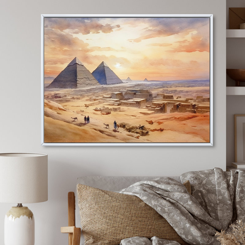«The Pyramid Of Giza Desert Landscape», reproduction sur toile, Cadre flottant blanc, H 34 po x l 44 po x P 1,5 po
