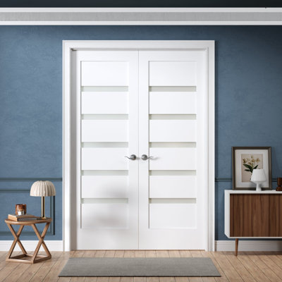 56-in x 80-in Interior Double Prehung French Door Left-Hand Pre-Drilled for Hardware 5-Lite Small Frosted Glass Solid Core White Primed Ready-to-Prehung Design with Jamb Kit and Satin Nickel Hinges