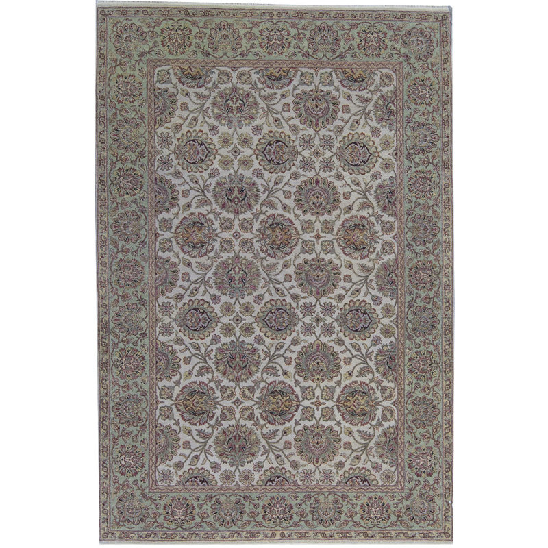 Tapis ivoire et vert clair noué à la main de haute qualité