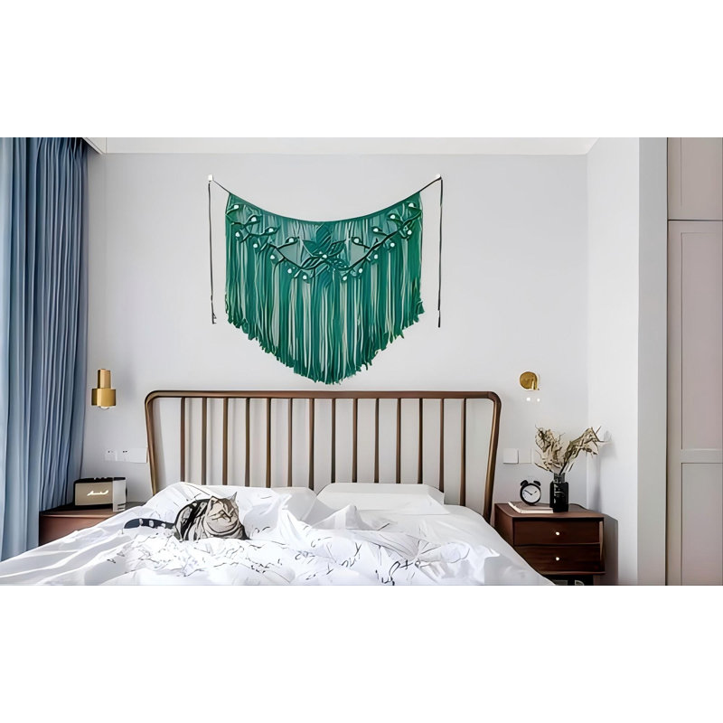 Bannière de rideau de chambre Macrame à tapisserie tissée murale, vert foncé, 39 x 31 pouces