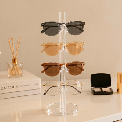 Clear Acrylic Sunglasses Display Stand, 4-Tier Eyewear Organizer Rack for Retail & Home Vanity Storage