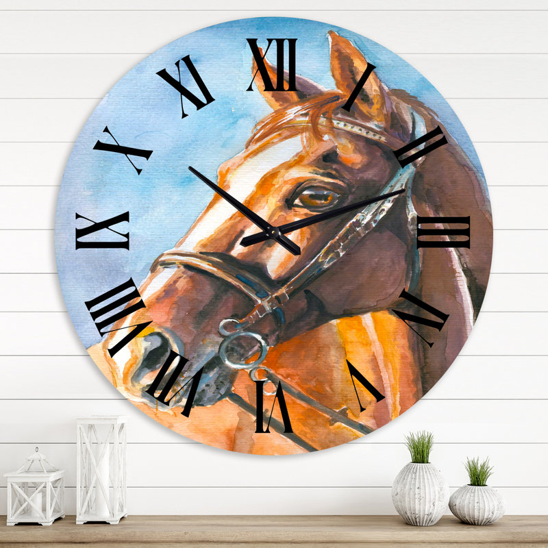 Portrait d'un cheval brun - horloge murale de ferme, Surdimensionné