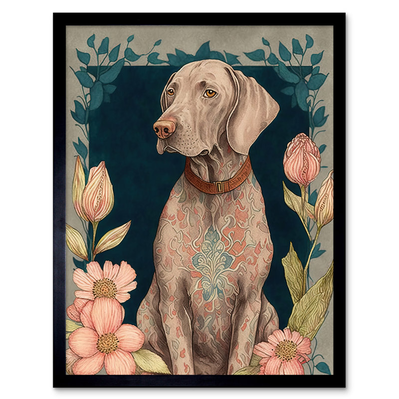 Grey Weimaraner Dog With Ornate Pattern Fur Coat And Flowers Modern Nouveau - Single Picture Frame Print