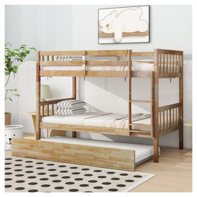 Lit superposé simple au-dessus de simple avec gigogne et échelle, structure en bois d'hévéa convertible en chêne blanc