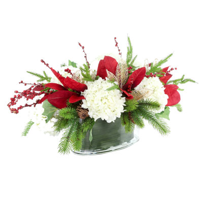 Holiday Floral Arrangement with Hydrangeas, Evergreen and Berries