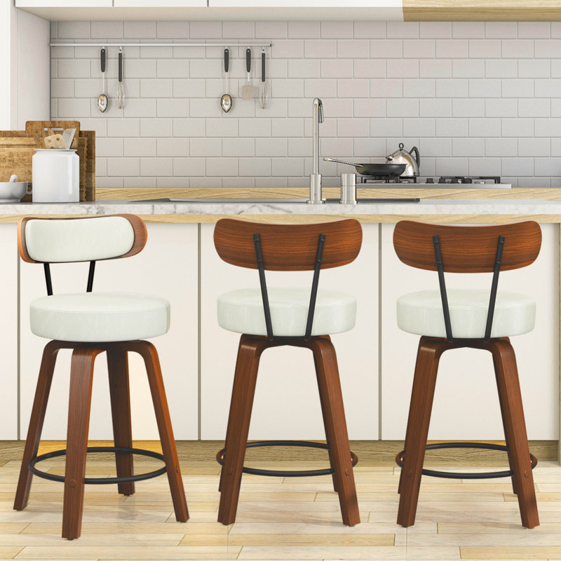 Swivel Counter Height Bar Stools Set of 3, Faux Leather Kitchen Stools Upholstered Barstools with Back, Walnut Wood Legs, Mid Century Island Chairs Counter Stools, 26" Seat Height