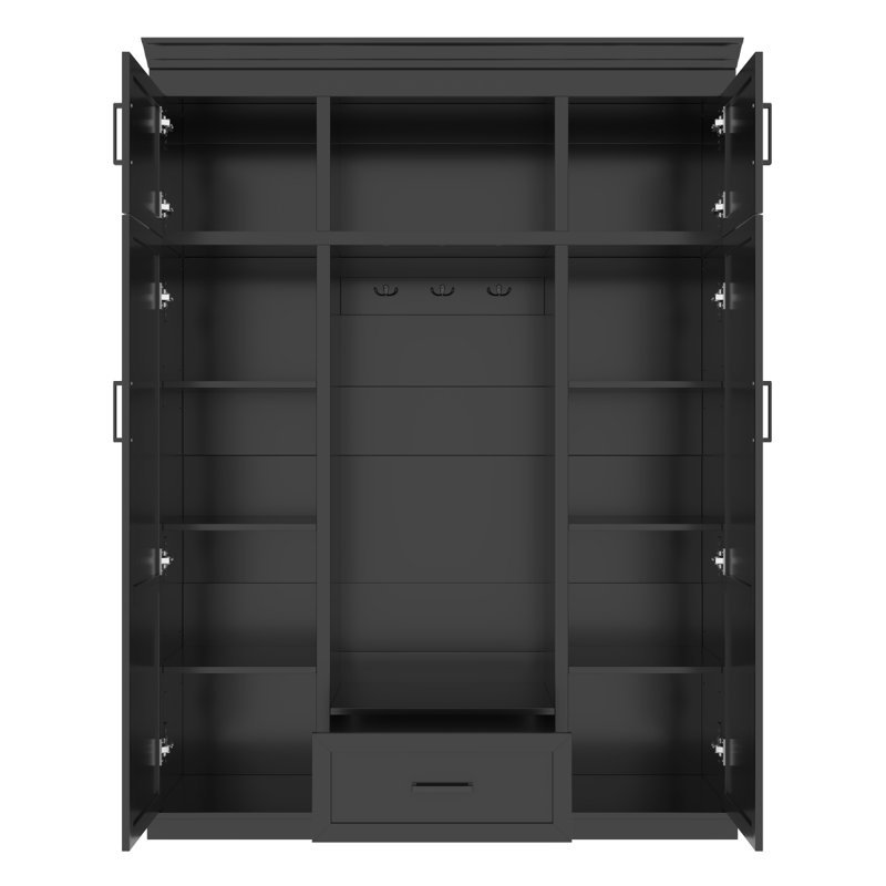U-Can 85.2''H Hall Tree With Bench And 3 Hooks, Modern Entryway Storage Organizer Cabinet With 4 Doors, 1 Drawer And Adjustable Shelves For Hallway, Entryway, Living Room