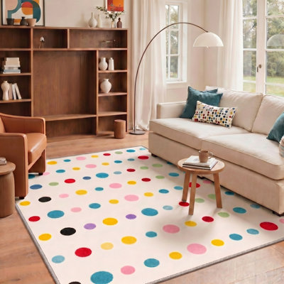 Machine Washable Polka Dot White / Blue Area Rug With Non-Slip Backing