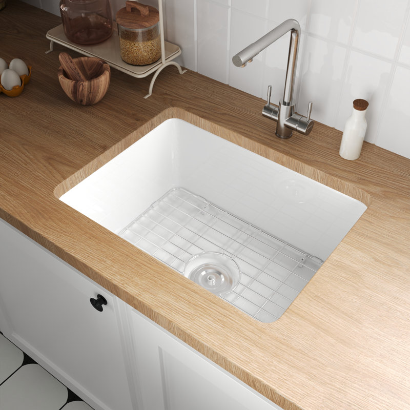 DeerValley 610 x 470 x 285mm Rectangular White Ceramic Undermount Kitchen Sink with Basket Strainer and Sink Grid